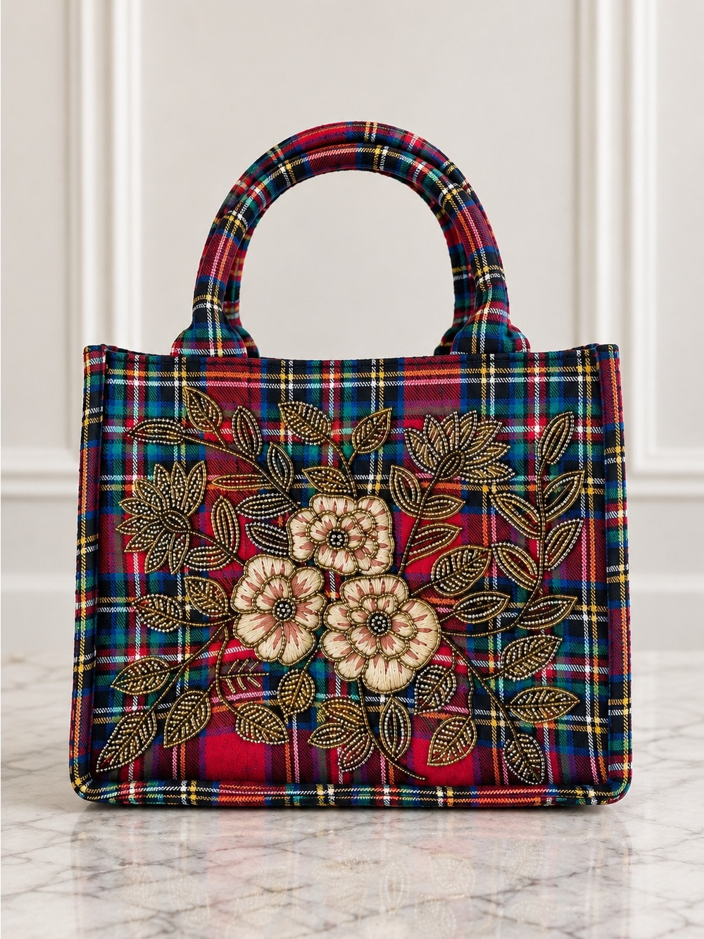America & Beyond Red Plaid Beaded Floral Mini Tote Crossbody Bag